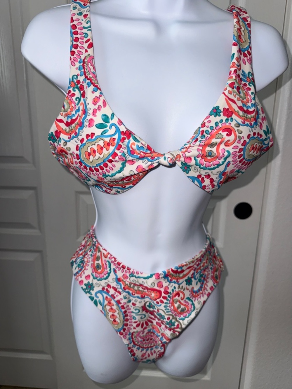 Women’s Paisley Twist Front Bikini Top and High-Cut Bottom - Pink Multi